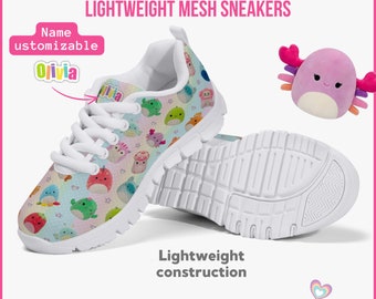 Zapatillas de malla ligeras para niños inspiradas en Squishmallows personalizadas, regalo para zapatos con estampado de personajes para niñas, deportes deportivos, regalos personalizados
