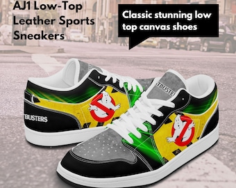 Ghostbusters Movie Inspired Low-Top Leather Sneakers Gift for youth / adults. Vintage Print Shoes, Street Skate Sport School by Cool Kiddo