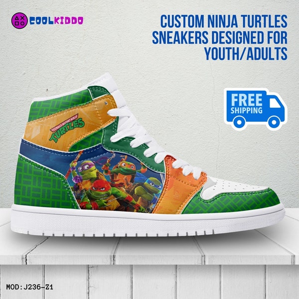 Baskets montantes en cuir inspirées des bandes dessinées Teenage Turtles Hero pour enfant/jeunesse - Personnage imprimé, Skate Street, chaussures Leonardo par Cool Kiddo