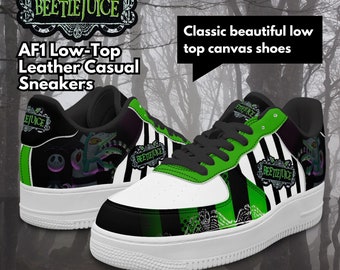 Custom Beetlejuice Movie Low-Top Leather Sneakers, Casual Shoes for any season. 90's movies Inspired Character Print by Cool Kiddo