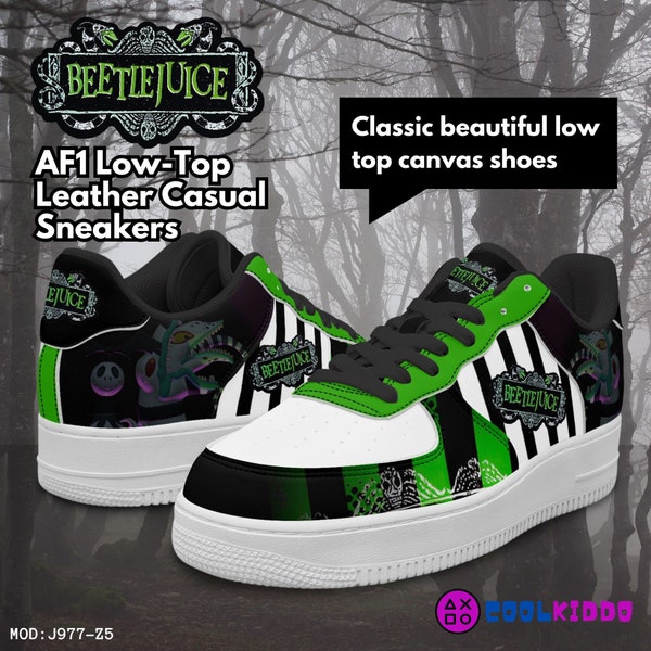 Custom Beetlejuice Movie Low-Top Leather Sneakers, Casual Shoes for any season. 90's movies Inspired Character Print by Cool Kiddo