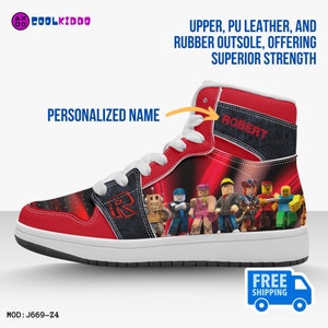 Personalized ROBLOX Characters High-Top Leather Black and Red Shoes, Jordans Style Sneakers, Street Footwear for Kids, Sport and Daily Use