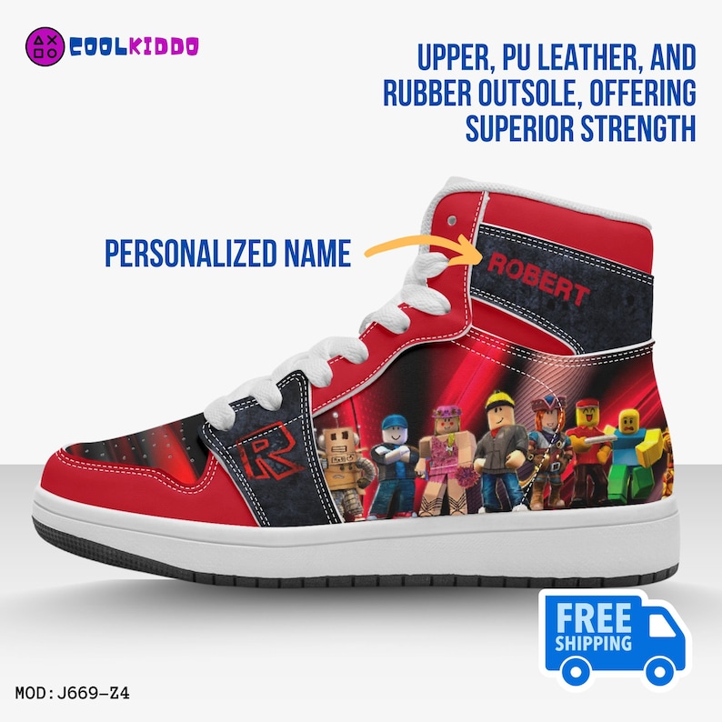 Personalized ROBLOX Characters High-Top Leather Black and Red Shoes, Jordans Style Sneakers, Street Footwear for Kids, Sport and Daily Use