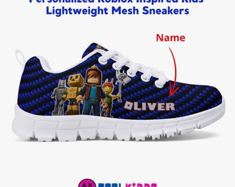 Personalized Roblox Video Game Inspired Boys Lightweight Mesh Blue Sneakers, Gift for Kids, Character Print Shoes, Athletic Sports, gifts