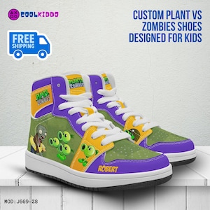 Personalized Plants vs Zombies Characters High-Top Leather Green Purple Yellow, Casual Sneakers, Street Footwear for Kids, Cool kiddo