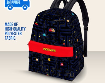 Pac-Man Retro Videogame Black Backpack Lightweight Waterproof Adjustable Straps Large Interior Book Bag for School or daily adventures