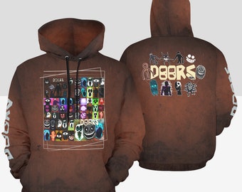 Hoodie met gepersonaliseerd voor ROBLOX DOORS volwassenen, capuchon met trekkoord, lange mouwen, zak, kangoeroe aan de voorkant, elastische manchetten en taille.