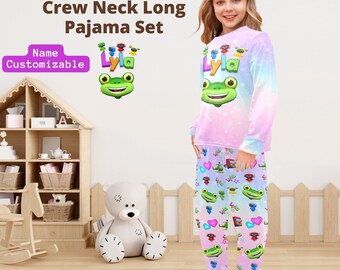 Girls' long and short pajama set with round neck inspired by Gecko's Garage, For girls from 2 to 7 years old. Personalized gift