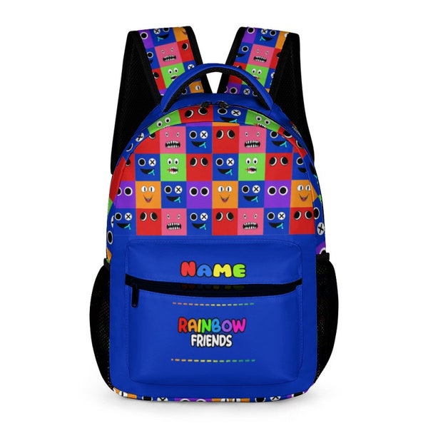 Einzigartige Blue Rainbow Friends Rucksack von BLUE Grid Charaktere Gesichter Hintergrund Rainbow Friends Charaktere und Figuren Gaming Buch Tasche NEU