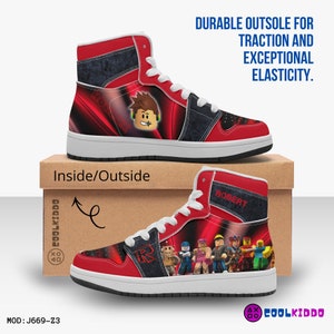 Personalized ROBLOX Characters High-Top Leather Black and Red Shoes, Jordans Style Sneakers, Street Footwear for Kids, Sport and Daily Use