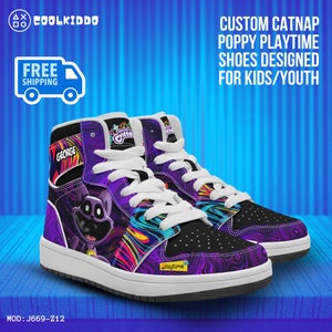 Personalized Name Catnap Poppy Playtime Video Game High-Top Shoes, Leather Sneakers for Kids Sport Casual Street Footwear Trendy Gaming Gear