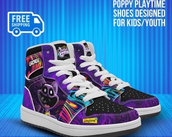 Personalized Name Catnap Poppy Playtime Video Game High-Top Shoes, Leather Sneakers for Kids Sport Casual Street Footwear Trendy Gaming Gear