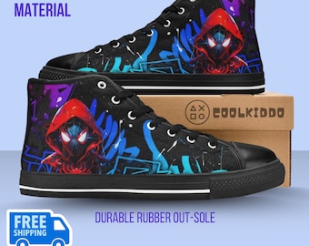 Miles Morales Spider Verse Movie Inspired High-Top Shoes Kids/Youth - Print Character - Black Spiderman Sneakers, Casual Style Footwear