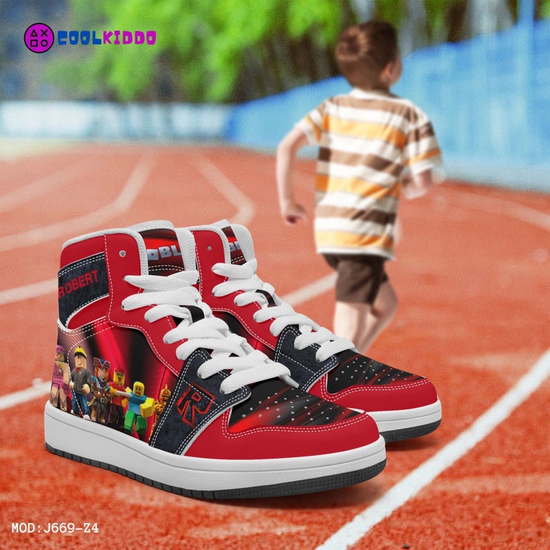 Personalized ROBLOX Characters High-Top Leather Black and Red Shoes, Jordans Style Sneakers, Street Footwear for Kids, Sport and Daily Use