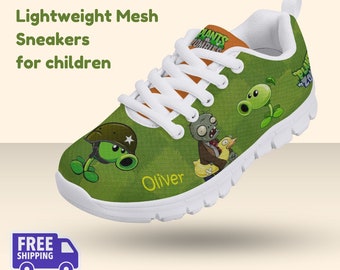 Personalized Plants vs Zombies Inspired Kids' Lightweight Mesh Sneakers, Gift for boys, girls, character print shoes, sports run athletic