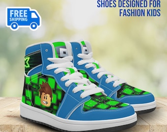 ROBLOX Character High-Top Leather Blue and Green Shoes, Casual Sneakers, Street Footwear for Kids, Sport and Daily Use, Gift for Boys