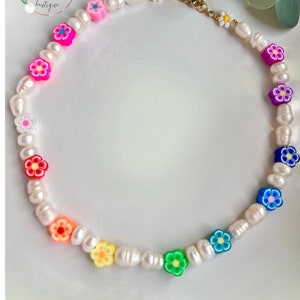 Y2k Freshwater Pearl Choker Necklace, Beaded Flower Y2k Jewelry, Summer Necklace, Gift for Her