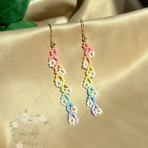 Pastel Beaded Daisies, Dangle Beaded Earrings, Pastel Rainbow, Dainty Beaded Earrings, Gift for Her