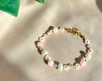 Beaded Flower Bracelet, Handmade Beaded Bracelet, Pearl Bracelet, Pink Morganite, Gift for Her