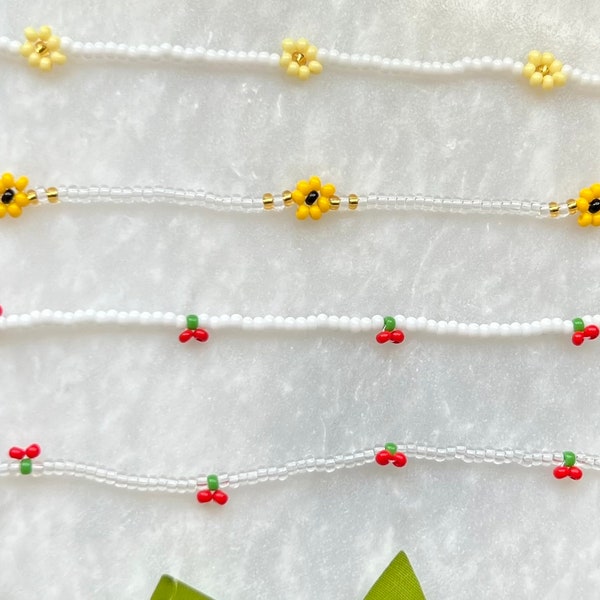 Beaded Daisy Chain Choker Necklace / Cute Beaded Cherry Choker /