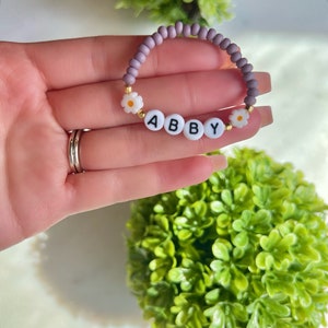 Custom Name Girl Bracelet, Daisy Bracelet, Gift, Floral Name Bracelet, Baby Girl Sunflower Bracelet, Toddler Flower Bracelet, Personalized Matte Lavender