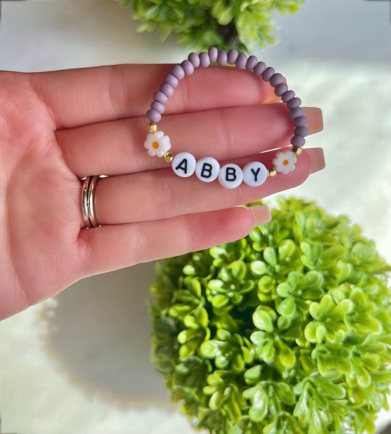 Custom Name Girl Bracelet, Daisy Bracelet, Gift, Floral Name Bracelet, Baby Girl Sunflower Bracelet, Toddler Flower Bracelet, Personalized Matte Lavender