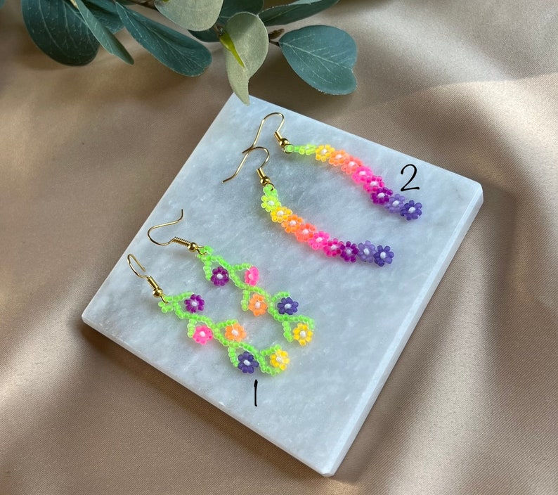 Matte Neon Beaded Dangle Earrings/ Flower Earrings/ Beaded Etsy