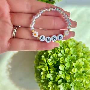 Custom Name Girl Bracelet, Daisy Bracelet, Gift, Floral Name Bracelet, Baby Girl Sunflower Bracelet, Toddler Flower Bracelet, Personalized Transparent Light Bl