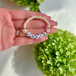 Custom Name Girl Bracelet, Daisy Bracelet, Gift, Floral Name Bracelet, Baby Girl Sunflower Bracelet, Toddler Flower Bracelet, Personalized Beige