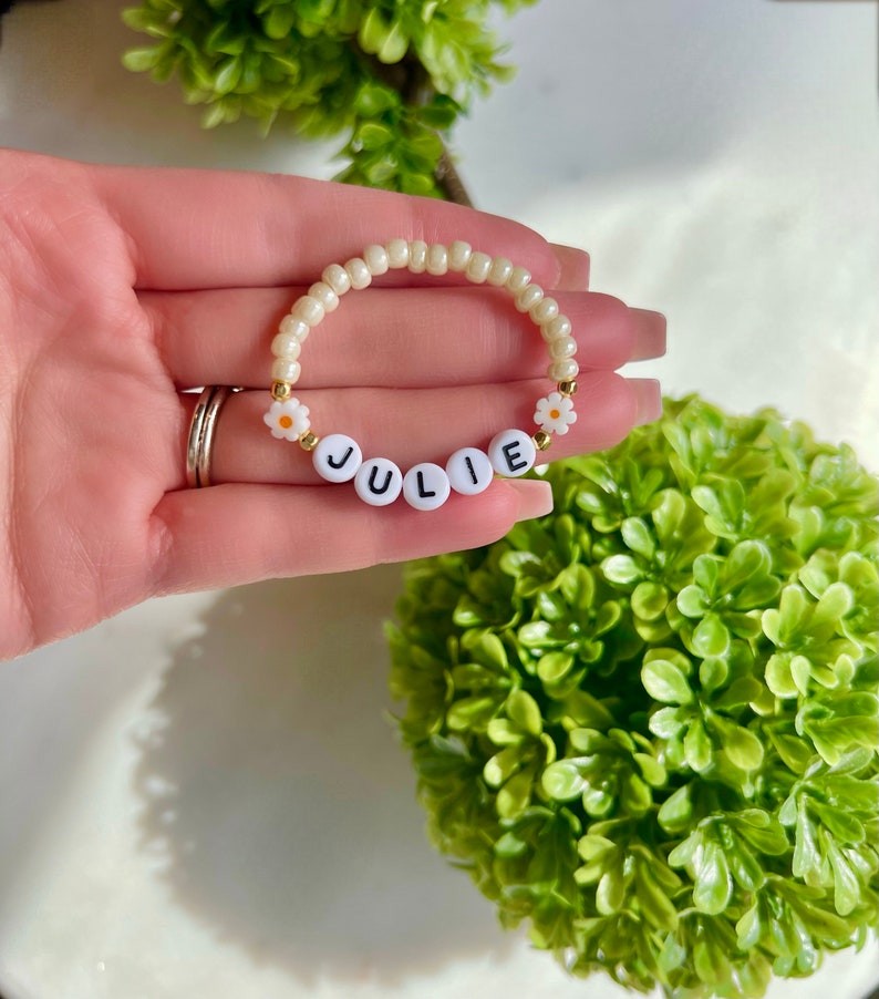 Custom Name Girl Bracelet, Daisy Bracelet, Gift, Floral Name Bracelet, Baby Girl Sunflower Bracelet, Toddler Flower Bracelet, Personalized Beige