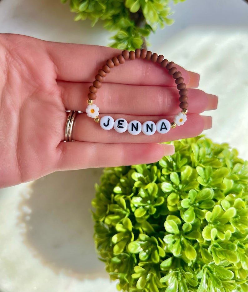 Custom Name Girl Bracelet, Daisy Bracelet, Gift, Floral Name Bracelet, Baby Girl Sunflower Bracelet, Toddler Flower Bracelet, Personalized Brown