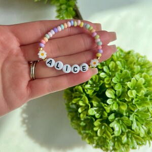 Custom Name Girl Bracelet, Daisy Bracelet, Gift, Floral Name Bracelet, Baby Girl Sunflower Bracelet, Toddler Flower Bracelet, Personalized Pastel Rainbow