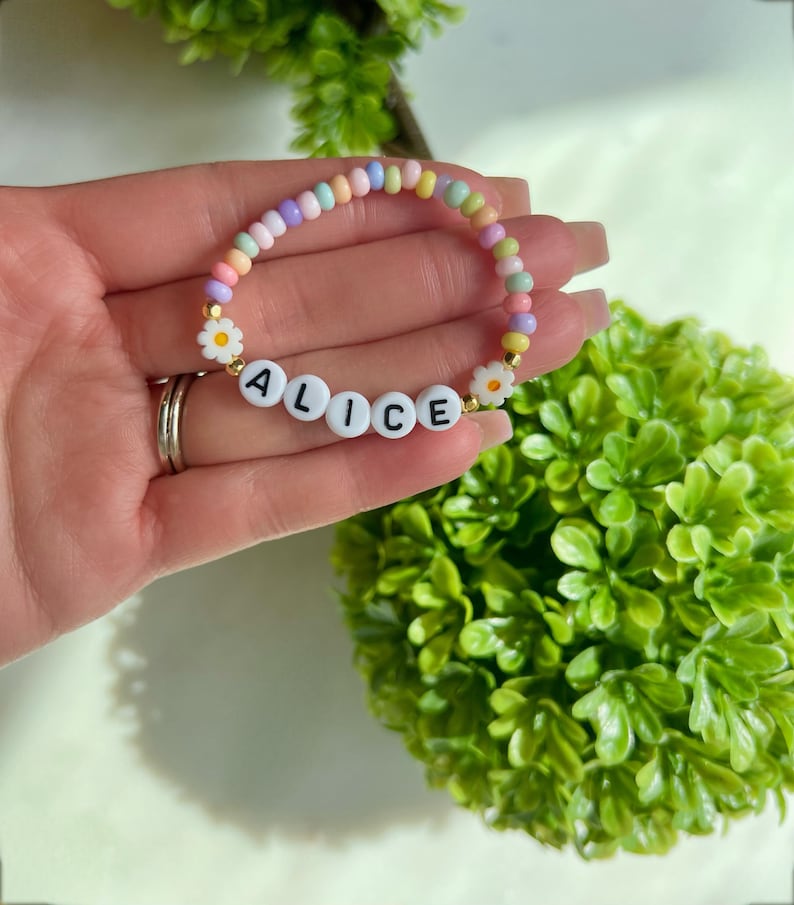 Custom Name Girl Bracelet, Daisy Bracelet, Gift, Floral Name Bracelet, Baby Girl Sunflower Bracelet, Toddler Flower Bracelet, Personalized Pastel Rainbow