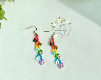 Pride Daisy Earrings, Gift, Progress Pride Flag, Beaded Daisy Earrings, LGBTQ