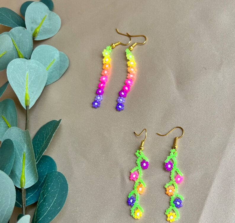 Matte Neon Beaded Dangle Earrings/ Flower Earrings/ Beaded Etsy