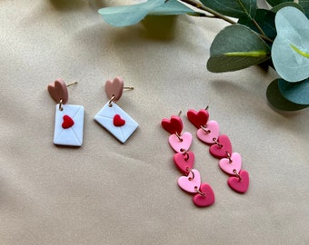 Handmade Polymer Clay Heart Dangle Earrings: Love Letter Valentine's