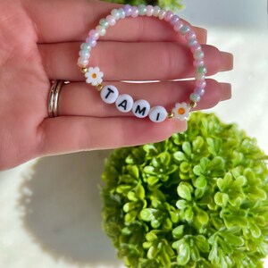 Custom Name Girl Bracelet, Daisy Bracelet, Gift, Floral Name Bracelet, Baby Girl Sunflower Bracelet, Toddler Flower Bracelet, Personalized Frosted Pastel