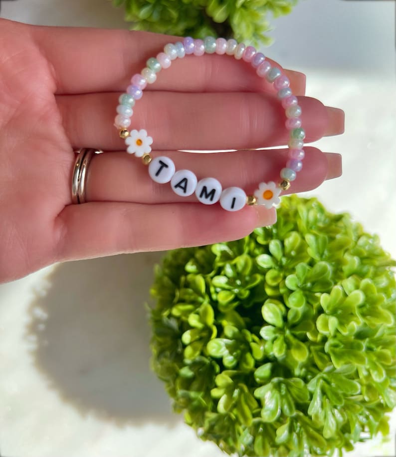 Custom Name Girl Bracelet, Daisy Bracelet, Gift, Floral Name Bracelet, Baby Girl Sunflower Bracelet, Toddler Flower Bracelet, Personalized Frosted Pastel