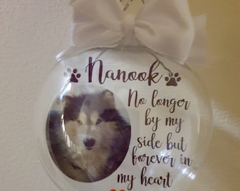 Memorial pet photo bauble personalised with feathers and poem.  Dog tree decoration. Floating bauble