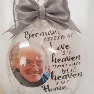 Memorial photo bauble personalised with feathers and poem. Christmas tree memorial