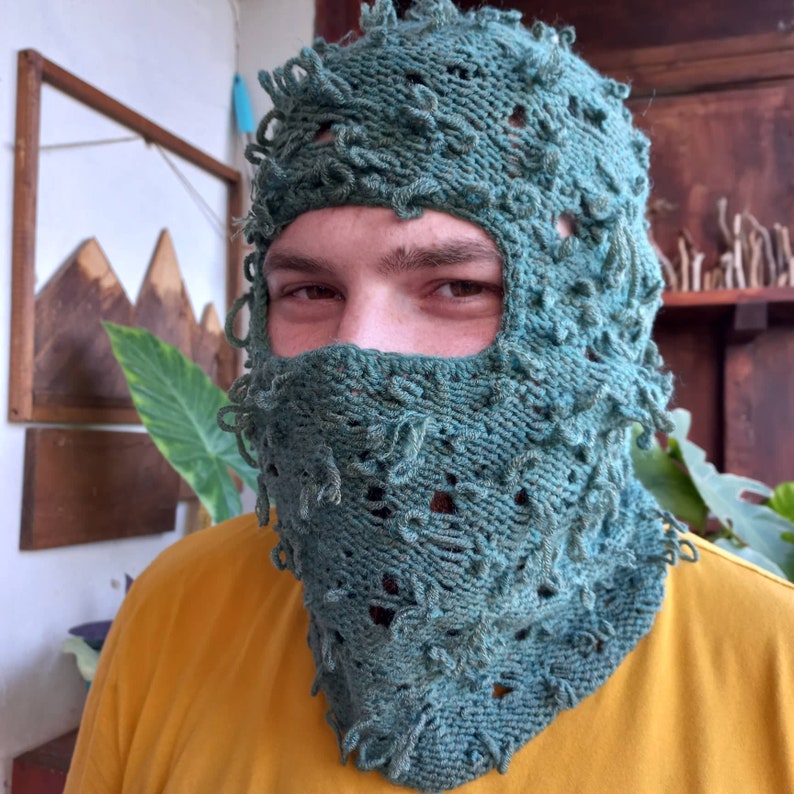 Distressed Green Balaclava Mask. Ski Mask. Full Face Mask. Fuzzy