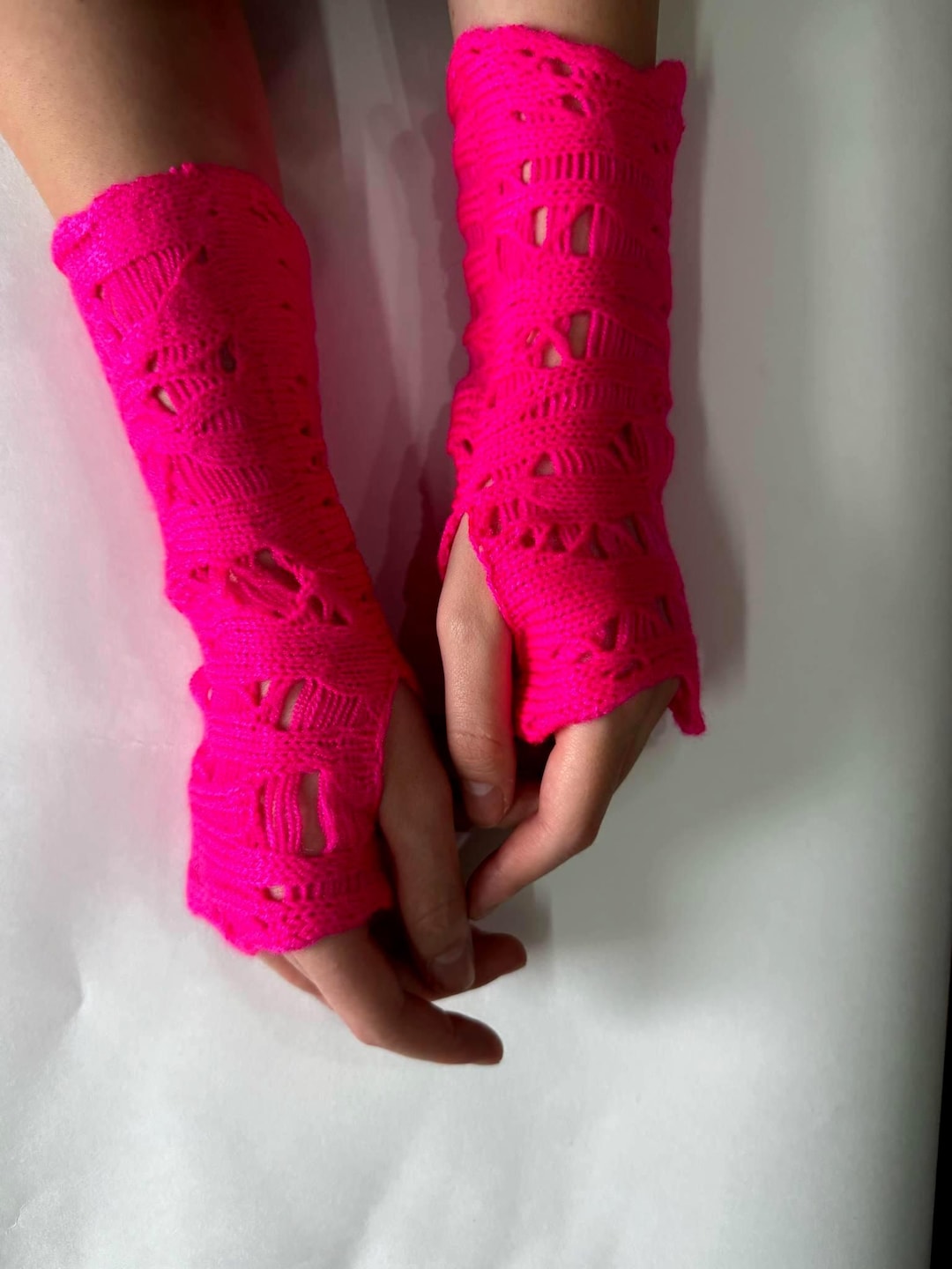 Distressed Knit Rave Neon Pink Knit Fingerless Gloves Distressed Arm Warmers, 80s Retro ...