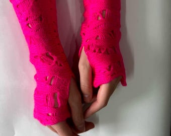 Neon Pink Knit Fingerless Gloves Distressed Arm Warmers, 80s Retro Style, Festival Rave Accessories, Cyberpunk Knitwear .fingerless glove