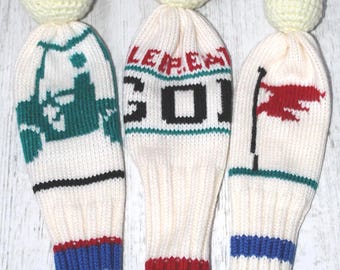 Golfschlägerhauben gestrickt mit Zeichnung und Aufschrift .club cover häkelball für Frauen, Männer. Alle spielbaren Spielfiguren sind: Golf Liebhaber Geschenk.