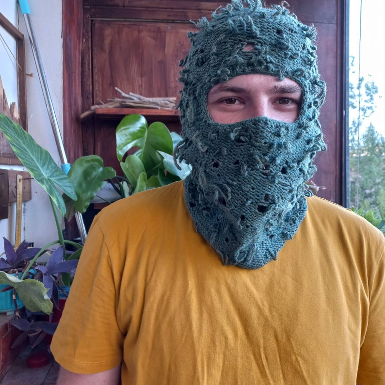 Distressed Green Balaclava Mask. Ski Mask. Full Face Mask. Fuzzy