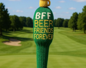 Capa de taco de golfe divertida para cerveja. Capa de taco de golfe de malha "BFF Beer Friends Forever" com caneca de cerveja de crochê, presente de golfe para ele. Acessório de golfe feito à mão