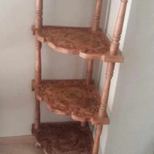 distressed furniture . hand carved Vintage wooden shelf .Rosewood corner shelf Decorated with metal details. tall corner shelf