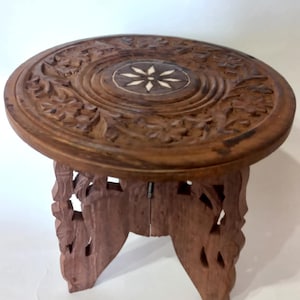 Vintage  Rose wooden hand carved plant circular table the 1970