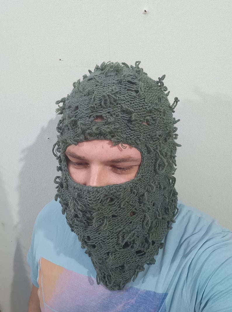 Distressed Green Balaclava Mask. Ski Mask. Full Face Mask. Fuzzy