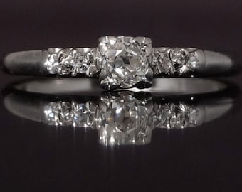 Antique 14K White Gold Old Mine Cut Diamond Engagement Ring